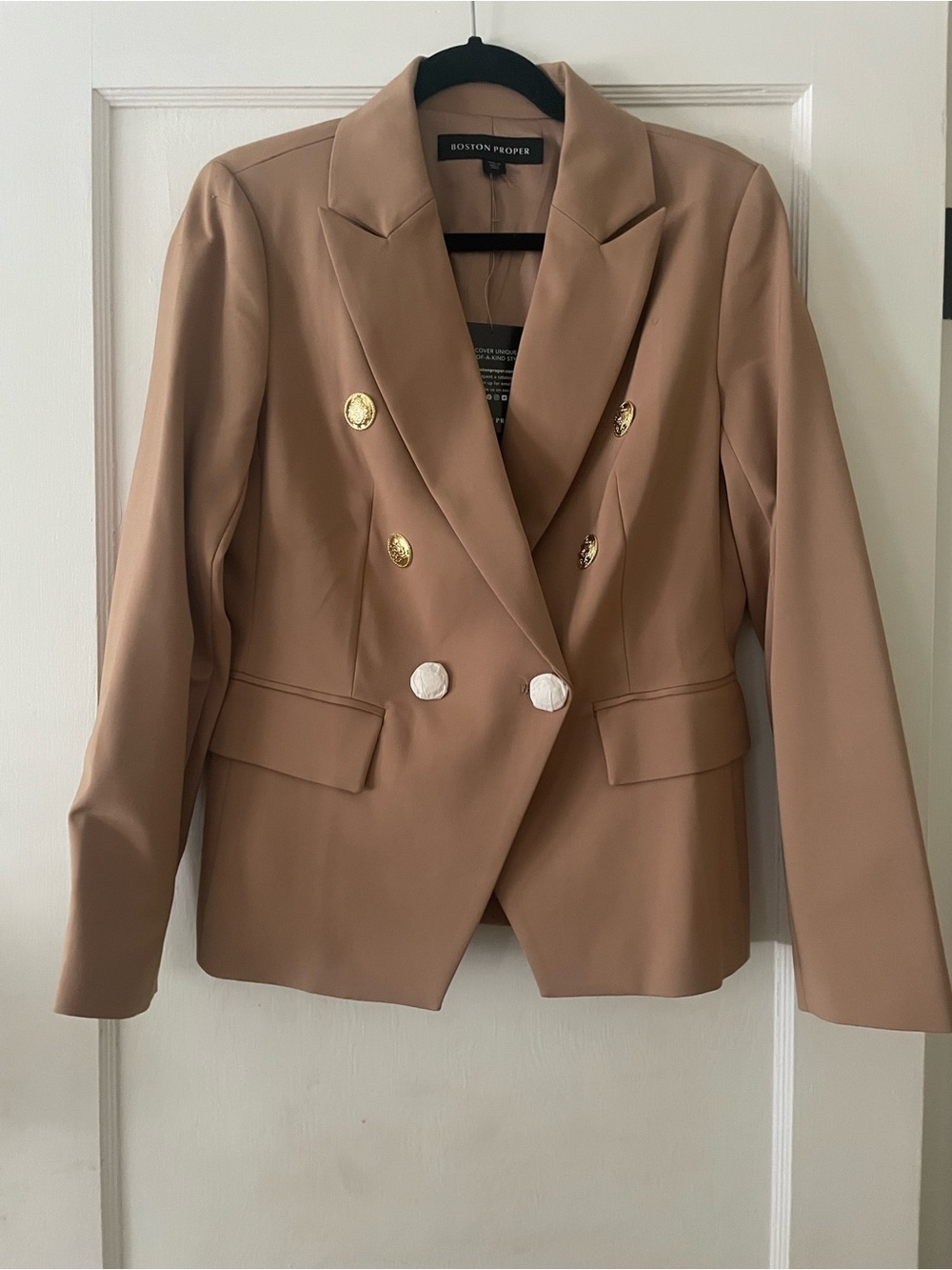 Boston Proper Camel Double-Breasted Blazer with Gold Buttons